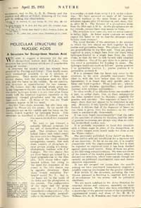 Publicacin de la estructura del ADN."Nature"25 deAbri,1953l - Pgina 01