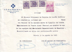 Certificado de pertenencia a los equipos del Movimiento Especializado de Maestras y dos fotos de la visita del equipo de Murcia a Lourdes.