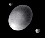Representación artística de Haumea y sus dos satélites Hi iaka y Namaka