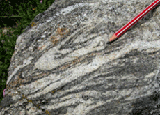 Roca metamrfica:Gneis (fotografa de Juan Gabriel Morcillo y Teresa Prez)