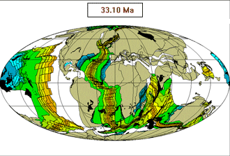 Reconstruccin de la la posicin de los continentes para hace 33.10 m.a.
