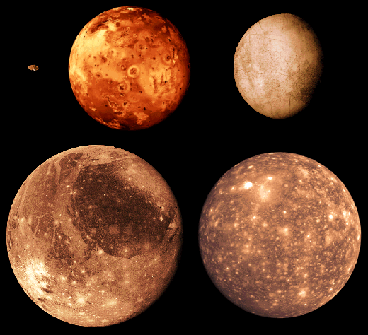 Fotomontaje de los cuatro satlites galileanos, Io, Europa, Ganmedes y Calisto.