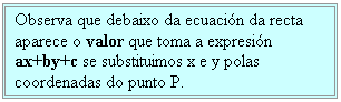 Cuadro de texto: Observa que debaixo da ecuacin da recta aparece o valor que toma a expresin ax+by+c se substituimos x e y polas coordenadas do punto P.