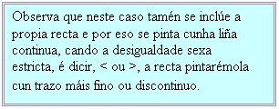 Cuadro de texto: Observa que neste caso tamn se incle a propia recta e por eso se pinta cunha lia continua, cando a desigualdade sexa estricta,  dicir, < ou >, a recta pintarmola cun trazo mis fino ou discontinuo.