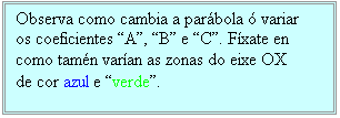 Cuadro de texto: Observa como cambia a parbola  variar os coeficientes A, B e C. Fxate en como tamn varan as zonas do eixe OX de cor azul e verde.